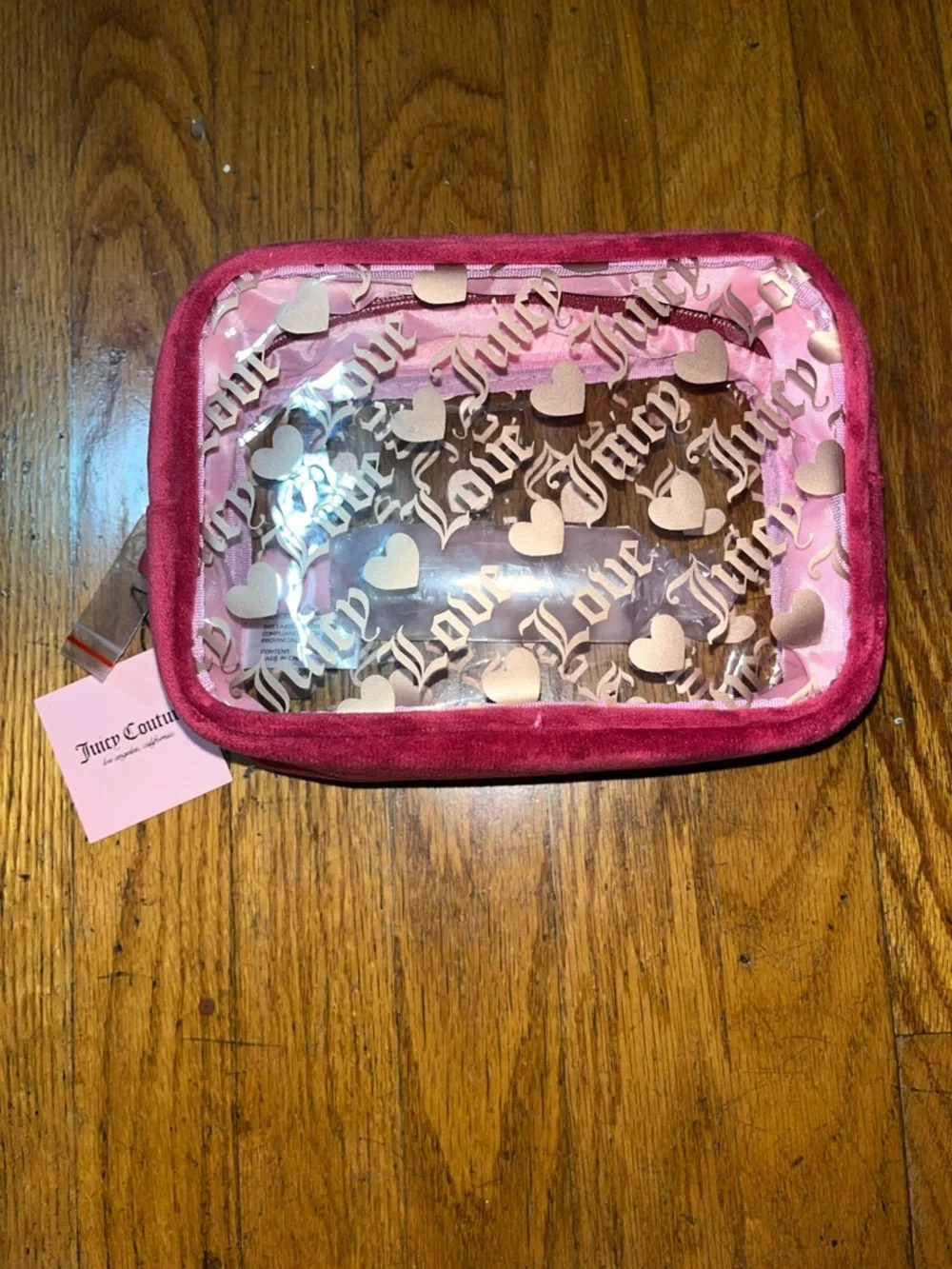 NWT Juicy Couture Clear Cosmetic Bag with Velvet Trim and Juicy Travel Bottle